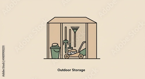 Outdoor Storage Shed with Gardening Tools. Minimalist Line Art Illustration of Home Garden Equipment Storage.