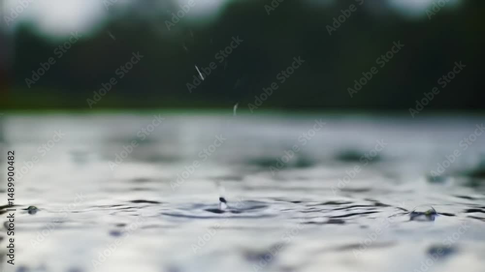 Close up of raindrops impacting water surface generating splashes and ripples