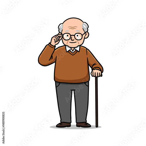 Happy elderly man with glasses and a cane smiling