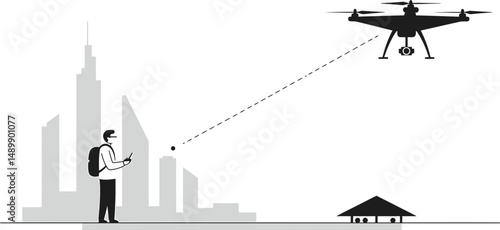 Drone Pilot Capturing City Views - Minimalist Vector