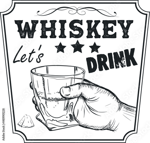 Hand holding a glass of whiskey, marker drawing, sketch, drink. Poster for pub, bar, drink party, strong alcohol, rum, brandy, scotch with ice