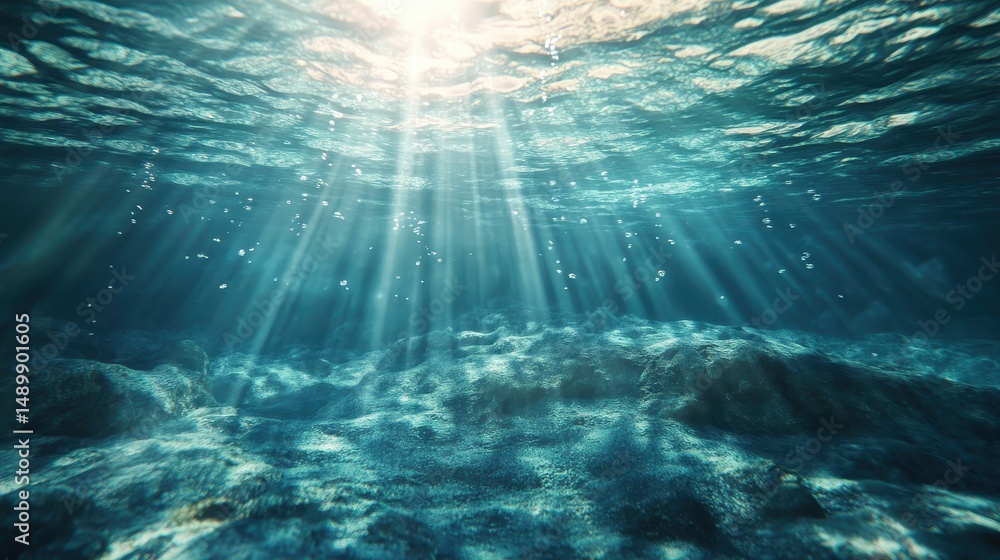 Fototapeta premium Underwater Ocean Scene Sunbeams Bubbles Seabed