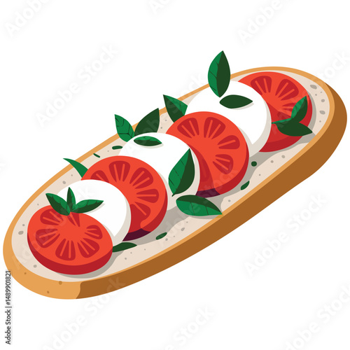 Italian bruschetta with tomato mozzarella isolated vector illustration on white background