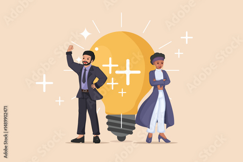 The Power of Positive Thinking in Business Collaboration: Illustration of a Man and Woman Inspired by a Glowing Lightbulb and Positive Reinforcement.