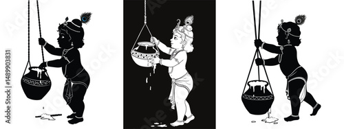 Baby  Krishna Butter Pot Silhouette Art for Janmashtami Festival - Hindu Mythology Baby Krishna Design .