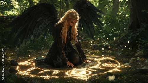 Fantasy woman with black wings kneeling over glowing symbol in forest