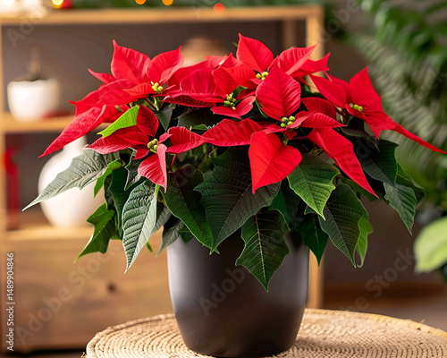 Wallpaper Mural Lush Red Poinsettia Flowers In Dark Pot Festive Holiday Decoration Indoor Torontodigital.ca