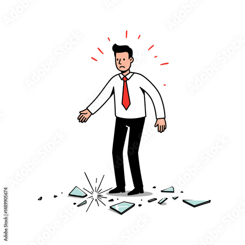 Shocked businessman standing amidst broken glass looking worried in a dramatic setting with copy space