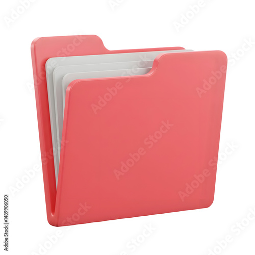 Coral folder icon with papers, digital organization. 3D icon, plastic illustration style on transparent or white background