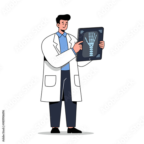 Doctor examining X-ray of patient’s hand while discussing medical results in clinic