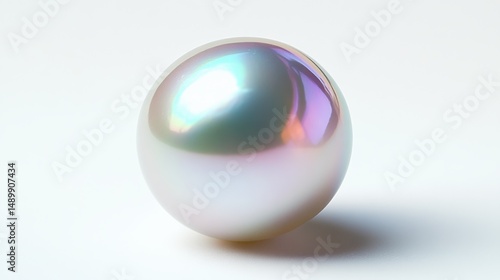 A shiny, iridescent pearl sits on a white background