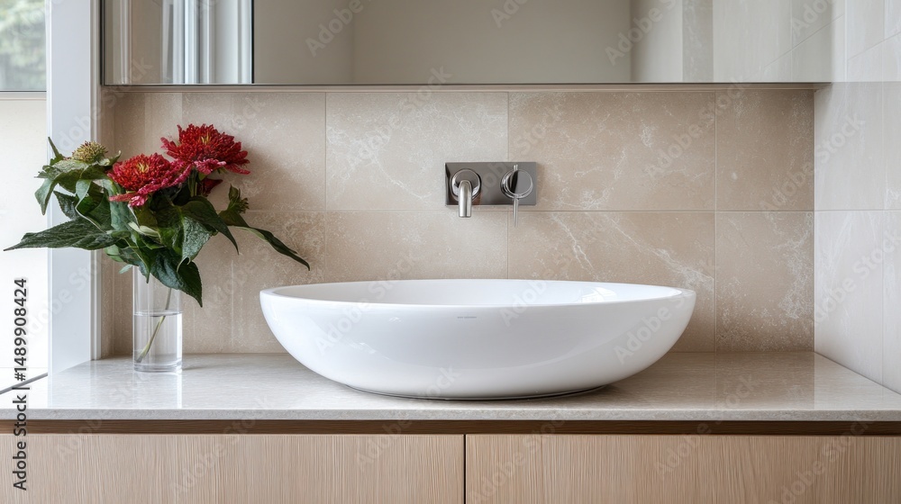 Fototapeta premium Modern bathroom vessel sink with red flowers minimalist interior design