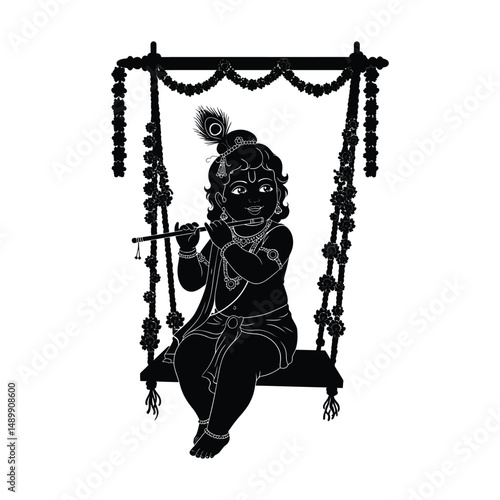 Baby  Krishna Playing Flute on Swing Silhouette for Janmashtami - Hindu Festival Vector Art Design .