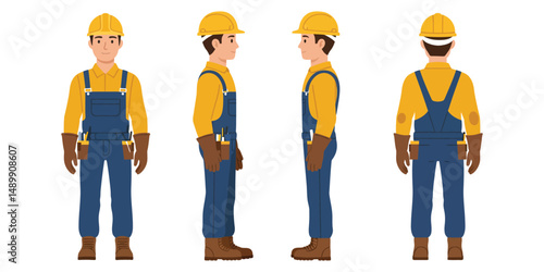“Male Construction Worker Character in Yellow Helmet and Blue Overalls – Front, Side, and Back Views Illustration”