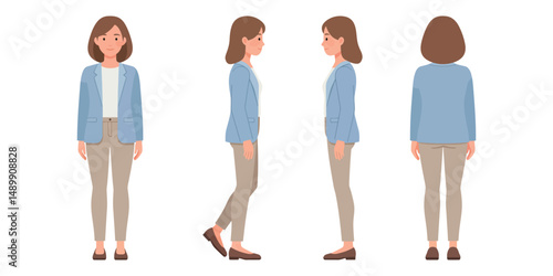 “Casual Woman Character in Blue Jacket and Beige Pants – Front, Side, and Back Views Illustration”