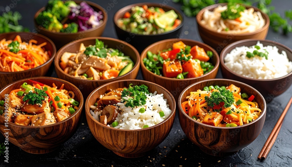 Diverse assortment of Asian dishes in wooden bowls. Diverse assortment of Asian dishes in wooden bowls.