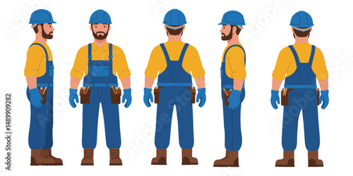“Construction Worker Character in Yellow Helmet and Overalls – Front, Side, and Back View Illustration”