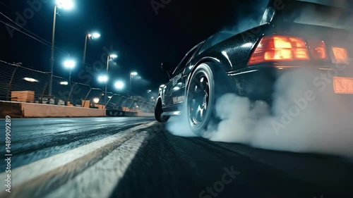 Highspeed night drift: racing car burnout on wet asphalt with dramatic smoke and lights