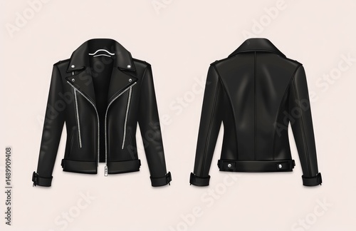 Black leather jacket, front and back views.  Detailed rendering showcasing zipper, studs, and  cuffs