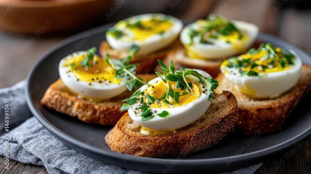 Healthy breakfast with minimal rustic style in kitchen concept. Delicious egg toast topped with herbs on a rustic plate. Healthy breakfast with minimal rustic style in kitchen concept. Delicious egg toast topped with herbs on a rustic plate.