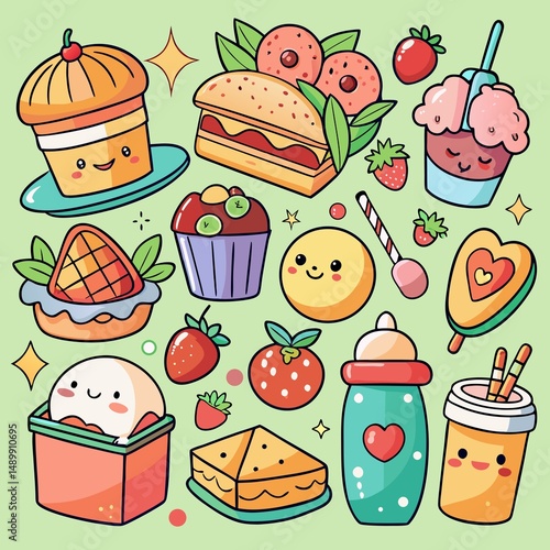 Cute food illustrations, various desserts and snacks
