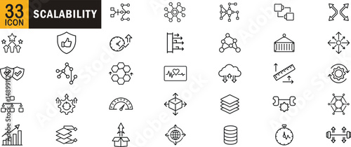 Scalability outline icon set. Growth, performance, network, optimization, metrics, cloud, structure and more.