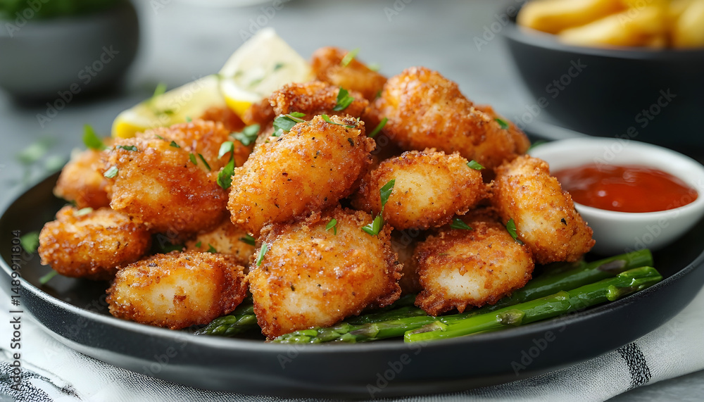 Delicious fried scallops with asparagus served on table, closeup Delicious fried scallops with asparagus served on table, closeup
