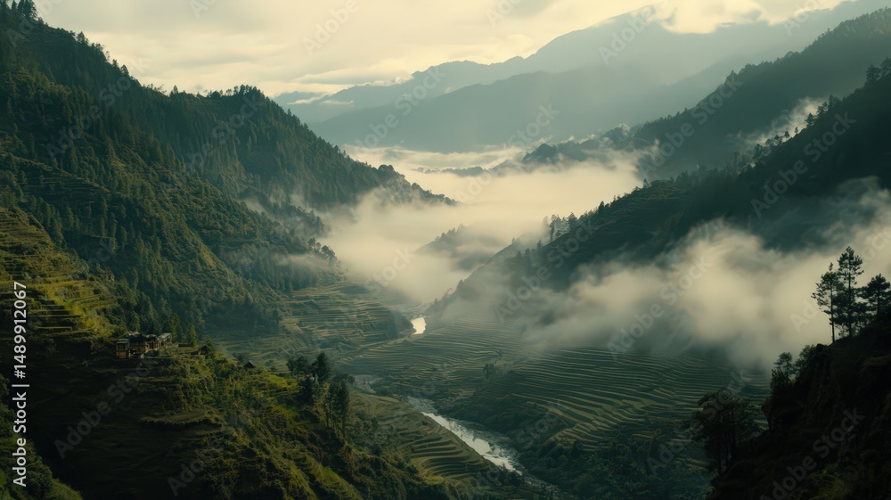 Obraz premium High Elevation Photo of Winding Rice Terrace with Fog and Mountains in Scenic Landscape