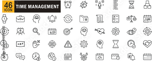 Time management icon set. Productivity, planning, calendar, efficiency, scheduling, goals, deadlines and more.