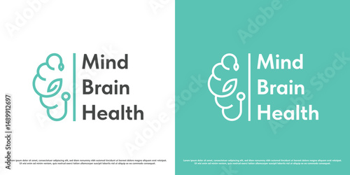 Mental health brain logo design illustration vector icon. Brain silhouette leaf plant nature. Symbol icon simple minimal abstract medical nature.
