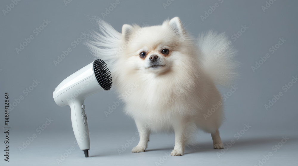 Fototapeta premium A white pomeranian dog holding a hair dryer blowing its fur with beautiful waves in the wind on silver grey background. fashion elegant minimalism luxury pet grooming pet salon advertising photograph 