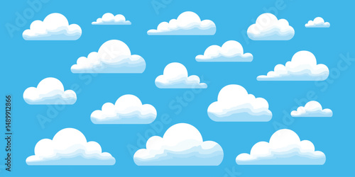 “Variety of White Fluffy Clouds on Bright Blue Sky – Cartoon Cloud Vector Collection”