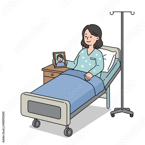 Smiling patient in hospital bed holding photo while feeling joyful and nostalgic
