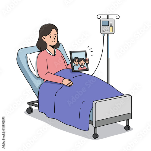 Woman in a hospital bed holding a picture frame and smiling warmly with medical equipment in the background and copy space