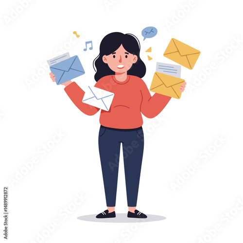 Excited young woman holding multiple envelopes while feeling joyful about receiving messages