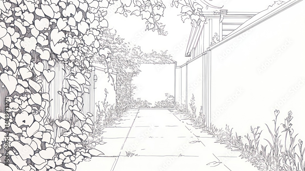 Fototapeta premium Alleyway path, plants, wall, peaceful garden, architecture, design, illustration