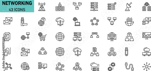 Networking Vector Icons Set – 43 Line Technology and Communication Symbols