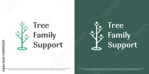 Family tree support logo design illustration. Silhouette plant flower people floral. Symbol icon minimal abstract nature environment happy.