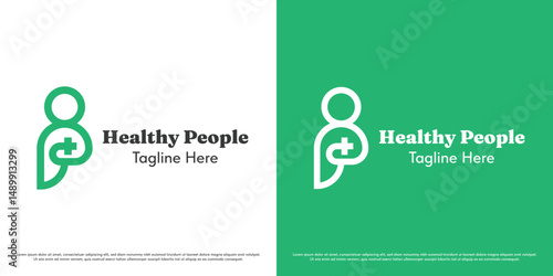 Healthy patient logo design illustration. Silhouette person clinic healthcare people medic support. Plus symbol icon simple minimal abstract geometric.