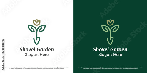Garden plant shovel logo design illustration. Outdoor garden shovel flower silhouette. Simple minimal abstract nature icon symbol.