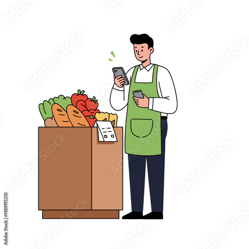 Grocery store worker checking inventory with a phone and smiling in a bright market with copy space
