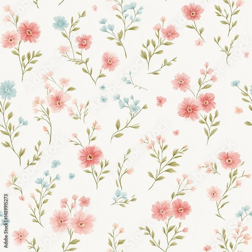 A beautiful floral pattern with pink and blue flowers on a soft white background, perfect for designs and decor.