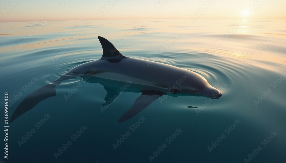 Fototapeta premium Dark Gray Dolphin Swimming In Calm Blue Ocean At Sunrise