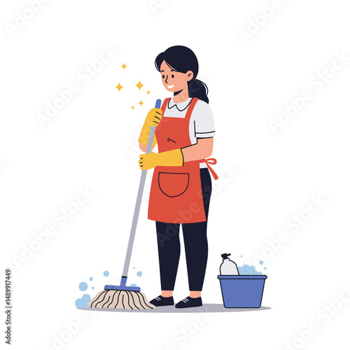 Woman cleaning the floor with mop while wearing gloves and smiling at home