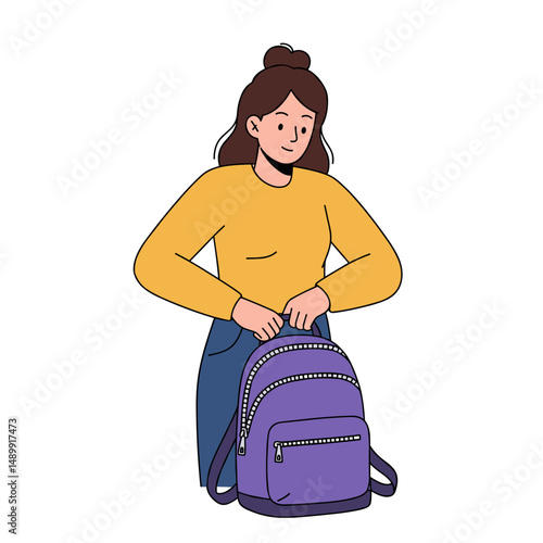 Woman packing a purple backpack and smiling in a cozy space with copy space