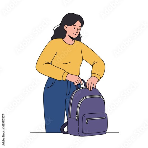 Young woman packing her backpack while preparing for school or a trip