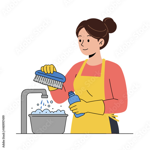 Woman cleaning dishes with scrub brush while wearing gloves and enjoying her chores at home