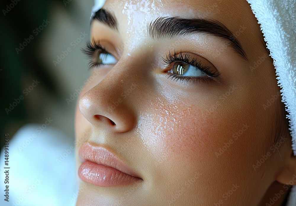 Fototapeta premium Close-up Portrait of a Young Adult Female with Natural Beauty, Towel on Hair, Glowing Skin, and Confident Expression, Relaxation and Skincare Emphasis