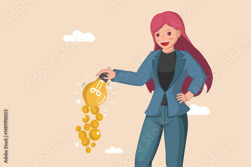 Turning Bright Ideas into Financial Gains: A Woman Holding a Glowing Lightbulb That Emits Streams of Gold Coins.