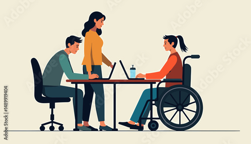 Inclusive workplace icon: woman in a wheelchair participating in discussion at a table, isolated on white

